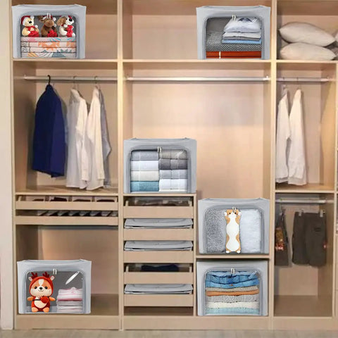 Stackable Gray Closet Storage Bins 3 Pack With Metal Frame, 40L Each, Foldable Organizer Boxes in closet with clothes and toys