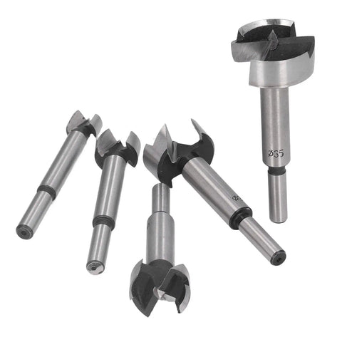 Professional Grade 5 Piece Forstner Drill Bit Set Sizes 15 Through 35 Millimeter featuring serrated edges for clean boreholes.