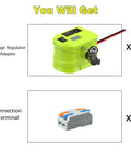 Step Down Voltage Adapter For 18V Tool Battery To 5V-13V Adjustable Regulator With 16 AWG Wire And Cigarette Lighter Socket, shown with connection terminal.