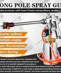No Sweat Long Reach Straight Spray Gun Kit With Heavy Brass Atomizer And Pressure Relief Valve Includes Two Liter Paint Cup For Smooth Furniture And Auto Finishes That Look Totally Badass displayed with a stainless steel nozzle and paint cup.