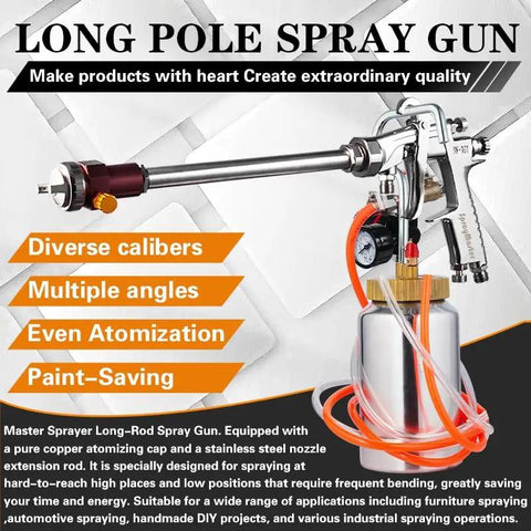No Sweat Long Reach Straight Spray Gun Kit With Heavy Brass Atomizer And Pressure Relief Valve Includes Two Liter Paint Cup For Smooth Furniture And Auto Finishes That Look Totally Badass displayed with a stainless steel nozzle and paint cup.