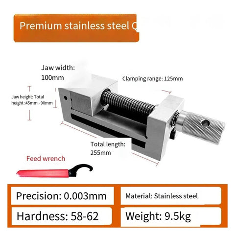 Top Shelf Precision Vise With Flat Nose Clamping Tongs Made For Grinding Machines Featuring Right Angle Heavy Duty Steel, 255mm length.