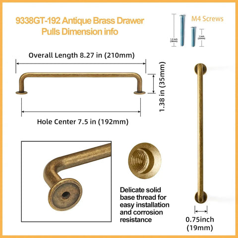 Diagram of Six Pack Dope Antique Brass Cabinet Handles Set, 7.56 Inch Center To Center Drawer Pulls with detailed dimensions.