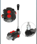 Front view of 1-spool hydraulic flow control valve, 11 GPM, lever handle, black body with red ports, mounted on loader.