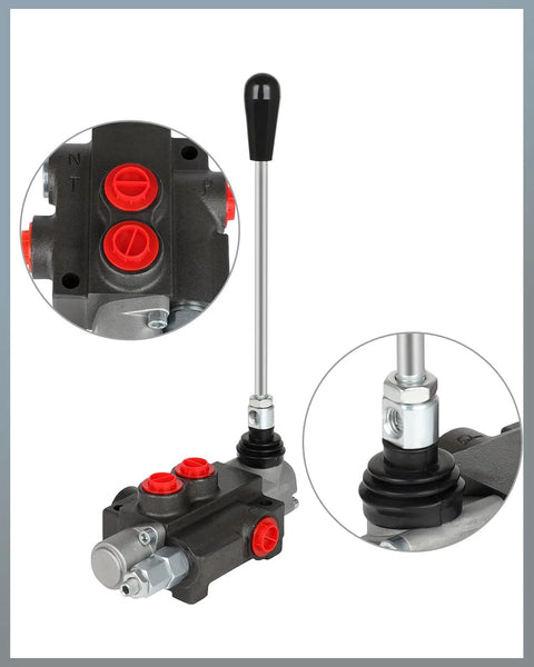 Front view of 1-spool hydraulic flow control valve, 11 GPM, lever handle, black body with red ports, mounted on loader.