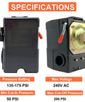 Heavy Duty Air Compressor Pressure Switch Built Tough 135 To 175 PSI With Unloader Valve And On Off Lever One Quarter Inch NPT