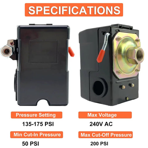 Heavy Duty Air Compressor Pressure Switch Built Tough 135 To 175 PSI With Unloader Valve And On Off Lever One Quarter Inch NPT