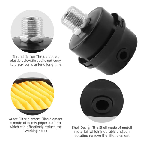 2 Pack Portable Air Compressor Mufflers Kit with Half Inch Threaded Inlet Silencers, filter element close-ups