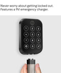 Slick Black Smart Keyless Entry Door Lock With Apple Home Keys And Smooth Keypad Access Auto Unlocks Via Express Mode For iPhone And Apple Watch HomeKit Ready Hardware with keypad and emergency charger.