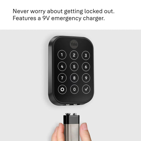 Slick Black Smart Keyless Entry Door Lock With Apple Home Keys And Smooth Keypad Access Auto Unlocks Via Express Mode For iPhone And Apple Watch HomeKit Ready Hardware with keypad and emergency charger.