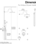 Dimensions for RomceBath Antique Oil Rubbed Bronze Rain Shower Head Faucet System with 6 Body Jet installation guide.