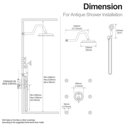 Dimensions for RomceBath Antique Oil Rubbed Bronze Rain Shower Head Faucet System with 6 Body Jet installation guide.