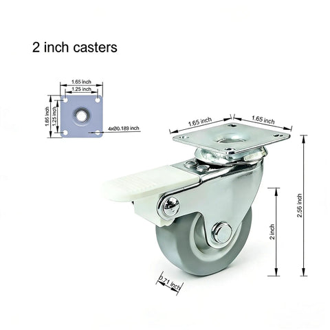 Top Shelf Heavy Duty 2 Inch Plate Casters Set Of 4 showcasing a steel frame, smooth swivel, and precise measurements for heavy use.