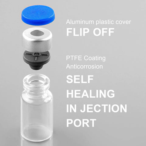 Exploded view of Ehoycq 2ml glass injection vial with blue plastic flip-off cap and aluminum-plastic cap assembly