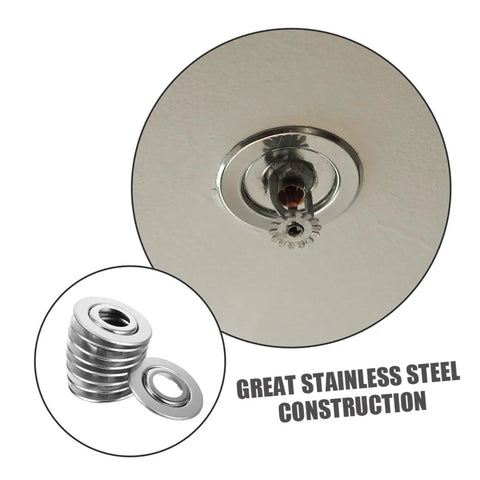 Straight Up Sharp Set 5 Pack Decorative Fire Sprinkler Cover Plates with chrome stainless steel finish and installation view.