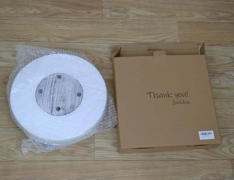 14 Inch White Distressed Round Lazy Susan Real Deal Farmhouse Turntable Smooth Spinning Wooden Serving Tray packaging with bubble wrap.