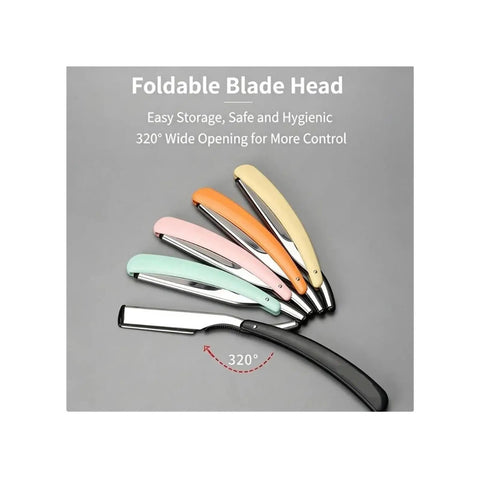 Grab This Sweet Manual Eyebrow Razor Vintage Folding Design for Quick Beard Touch Ups and Eyebrow Precision Compact Barber Shop Go To Gadget That Tucks In Your Pocket and Steps Up Your Shave Game for the Daily Grind Making Your Grooming Routine Smooth as, showing multiple colorful folding razors with a black handle.