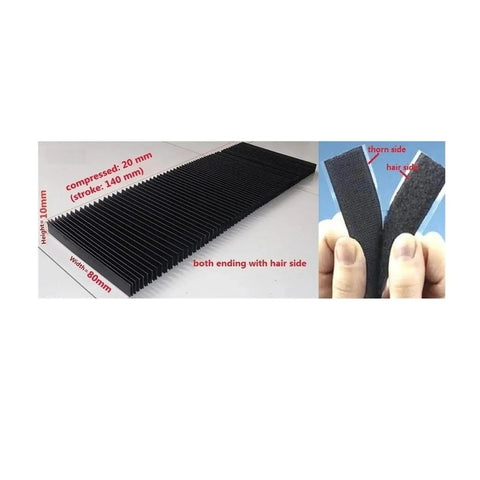 CNC Straight Bellows Cover 80x10mm Stroke 140mm for machine guarding showing material details and compressed size view