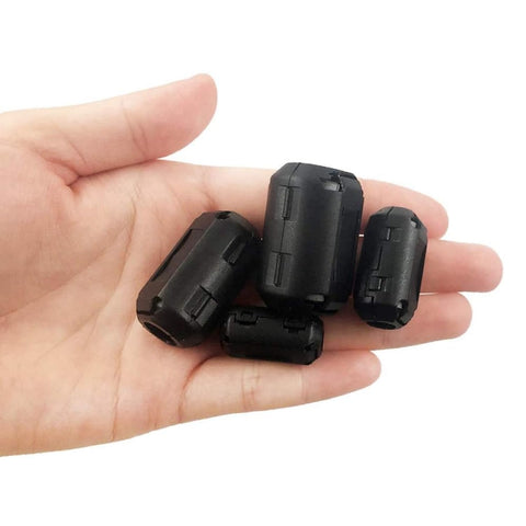 Hand holding 20 Pack Clip-On Ferrite Ring Cores For Dope RFI EMI Noise Suppression, various sizes for 3mm to 13mm cables, black.