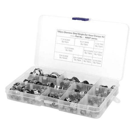 Stainless Steel Single Ear Hose Clamp Kit With 100 Pieces Stepless Sealing Design For Tight Fits And Leaks Prevention Perfect For Cars And Engines in plastic organizer