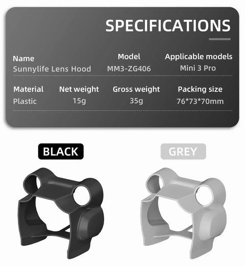 Anti Glare Lens Hood Sunshade For Mini 3 Pro Drone Gear Accessories Gray Protective Cover Guard Camera Protector Non Destructive Flight Safe Lens Shield Pro Grade Build specifications, black and grey models