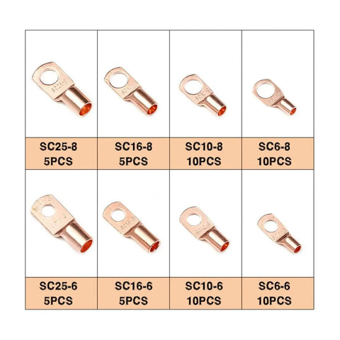 Get This Cool 60 Pc Copper Cable Crimp Terminal Connector Kit With Sc6-25 Wire Lug Ring Connectors Perfect For Wiring Jobs And Making Solid Electric Connections On Your Vehicle Or Home Project Today. Copper ring terminals SC25-8 to SC6-6, assorted sizes