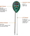 3 In 1 Soil Moisture Light And pH Tester No Battery Needed For Indoor Outdoor Gardens Lawns Farms Home Gardeners Kit shown with sensors and readout scale.