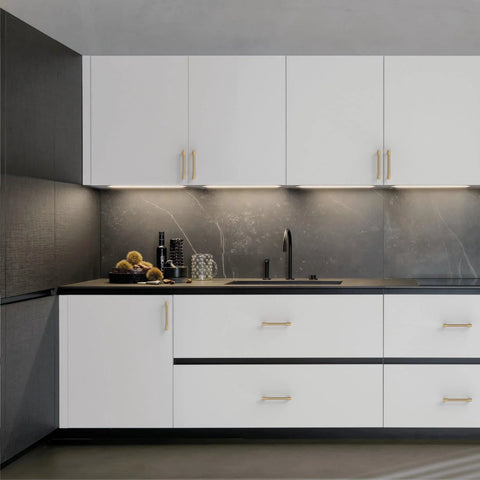 Modern kitchen with white cabinets featuring 10 Pack 5 Inch Champagne Bronze Cabinet Pulls Knurled Handles For Cabinets And Drawers 128 Mm Hole Centers