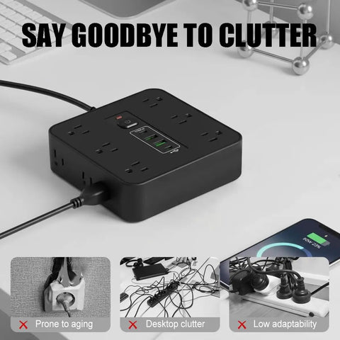 16 In 1 Smart Power Strip Surge Protector With 12 AC Outlets And Dual USB C Ports showing compact design, power buttons, and ample outlets for organization.