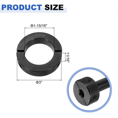 Double Split Shaft Collar For One And Fifteen Sixteenths Inch Shaft, Two Piece Clamping Collar, 3 Inch Outside Diameter, Eleven Sixteenths Inch Width, Black Oxide Steel Lock Collar Clamp, Set Screw Style, Heavy Duty Industrial Hardware, black split collar with dimensions