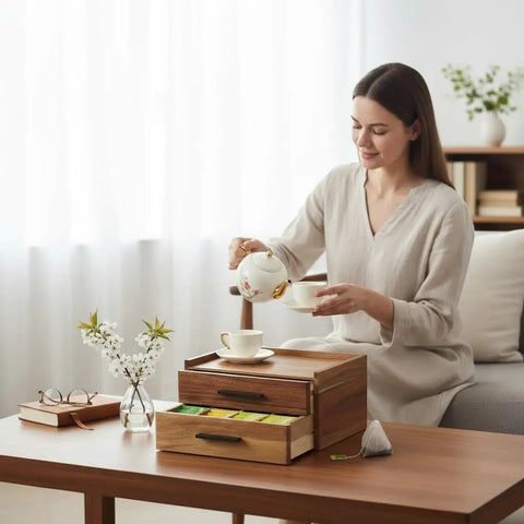 Woman using Wood Tea Bag Organizer With Gift Box Double Drawer Tea Box for tea accessories storage on countertop, acacia wood finish.