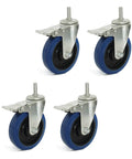 Heavy Duty Swivel Caster Wheels With Brake Thermoplastic Rubber Rollers And M10X30mm Threaded Stem, blue rubber wheels with shiny metal base.