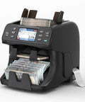 Two Pocket Money Counter Machine That Sorts Mixed Denominations With Built In Printer showing digital screen and printing receipt.