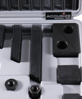 Close-up of Pro-Grade Deluxe Steel Clamping Kit For 7/16 Inch Table Slot, S45C Steel, Black Oxide Finish in case