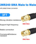 Ultra Low Loss SMA Male To SMA Male Coax Cable 50 Ohm KMR240 Antenna Extension, 3FT, gold plated brass connector, black cable