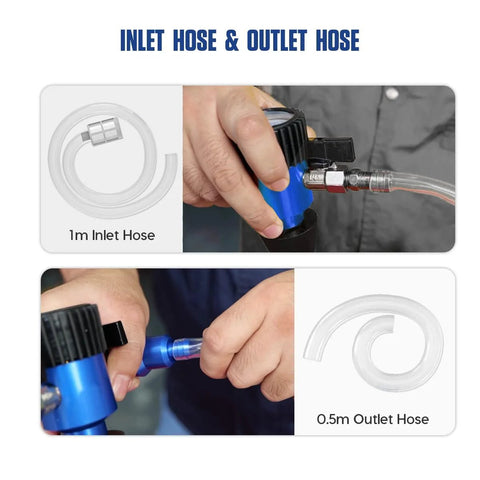 MR CARTOOL coolant vacuum refill tool kit with blue handheld unit, 1m inlet hose and 0.5m outlet hose with adapters