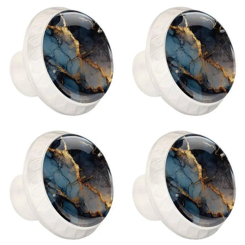 Premium Four Pack Round Cabinet Knobs With Top Shelf Black Gold Marble Look And Heavy Duty Abs Build Comes With Mounting Hardware, showing decorative knobs.