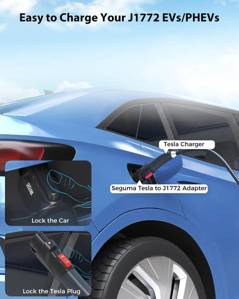 J1772 To NACS EV Charging Adapter For Tesla Chargers, 80 Amp 250 Volt, connected to blue car for charging.