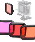 3 Pack Dive Filter Set for GoPro Hero 5 6 7 Black Super Suit Housing with red, light red, and magenta color correction filters shown