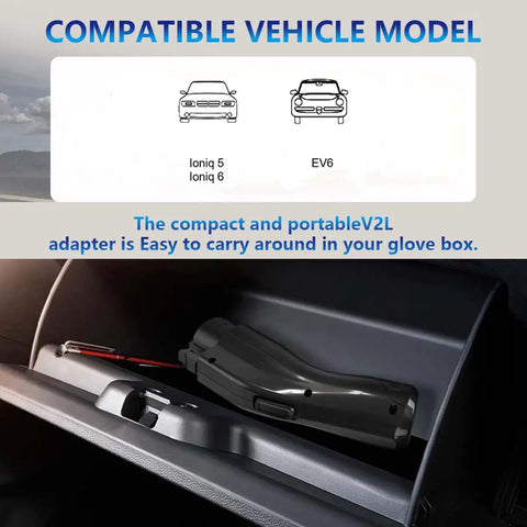 Portable V2L Converter For Electric Vehicles Morphs Charging Port Into Legit US AC Outlet in a glove box, compact for storage.