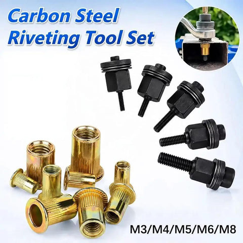 Real Deal Heavy Duty Rivet Nut Tool Set With Tough Carbon Steel Inserts In M3 M4 M5 M6 M8 Sizes For Car Repair And Sheet Metal Fabrication Drill Ready Pro Kit showing various nuts.