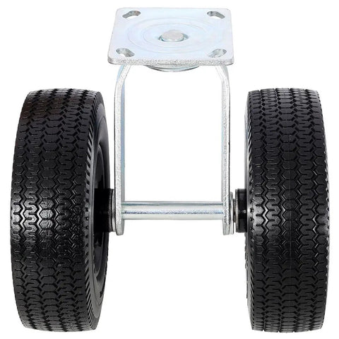 Front view of 8 Inch Dual Wheel Swivel Caster with Flat Free PU Foam Wheels, zinc plated top plate, roller bearings visible