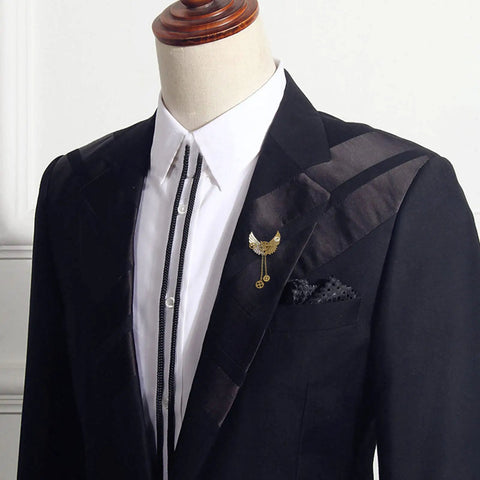 Cool Retro Vintage Industrial Gears Punk Brooch For Men And Women Distressed Bronze Mechanical Lapel Pin on a black suit.