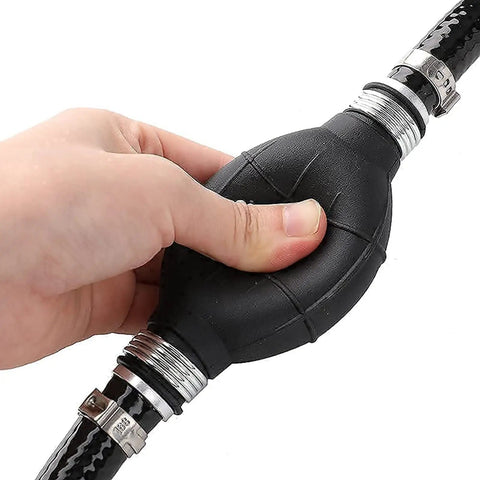 Universal 3/8 Inch Boat Fuel Line Assembly Kit with primer bulb and steel hose clamps, showing hand priming bulb.