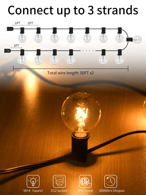 Two Pack 100Ft Outdoor String Lights Dimmable G40 Globe Bulbs Waterproof Patio Lights For Backyard Party Vibes Cafe Wedding Christmas Decor 54 Bulbs Each, Easy Hanging, UL Listed, close-up of lit G40 bulb