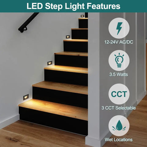 Outdoor LED Step Lights 6 Pack 120V Dimmable Warm White 3000K Stair Lights For Indoor And Outdoor Use Aluminum Orb Finish Wet Location Rated Easy To Install Super Easy Install Go Anywhere illuminating staircase