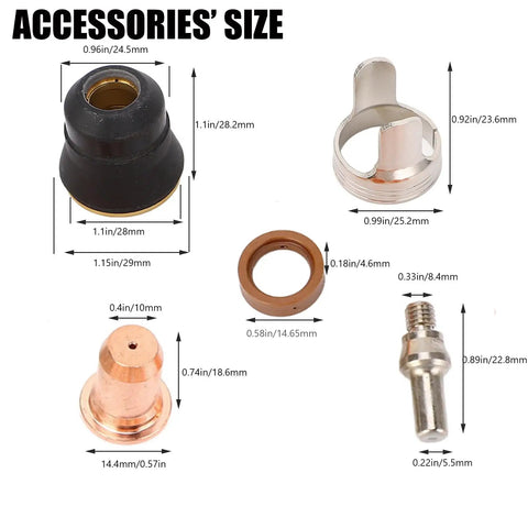 Size specifications of 24Pcs Plasma Cutter Consumables Kit With Brass Electrodes And Torch Tips Pro Grade Brass Electrode Pack