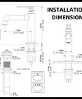 Installation dimensions for Single Handle Brass Bathroom Sink Faucet One Hole Deck Mount Vanity Basin Mixer Tap Includes Metal Pop Up Drain And Supply Lines RV Ready Commercial Lavatory Matte Black Finish