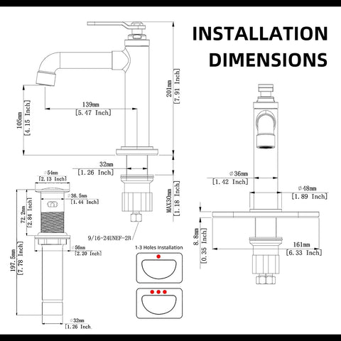 Installation dimensions for Single Handle Brass Bathroom Sink Faucet One Hole Deck Mount Vanity Basin Mixer Tap Includes Metal Pop Up Drain And Supply Lines RV Ready Commercial Lavatory Matte Black Finish