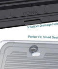 Close-up of a clear license plate protector with silicone frame showing 5 drainage holes and smart design details.